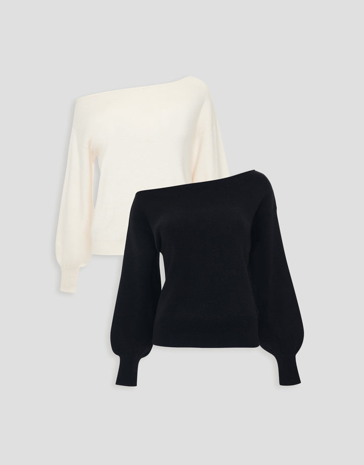 Threadbare 2 Pack Soft Slash Neck Jumper in Black & Cream - 2-pack flat lay