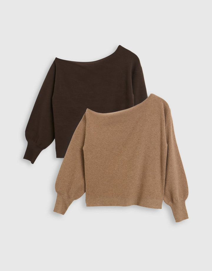 2 Pack Soft Slash Neck Jumpers in Chocolate Brown & Beige