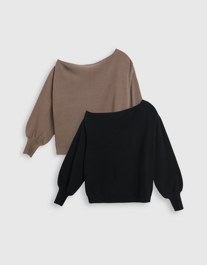 2 Pack Soft Slash Neck Jumpers in Black & Mocha