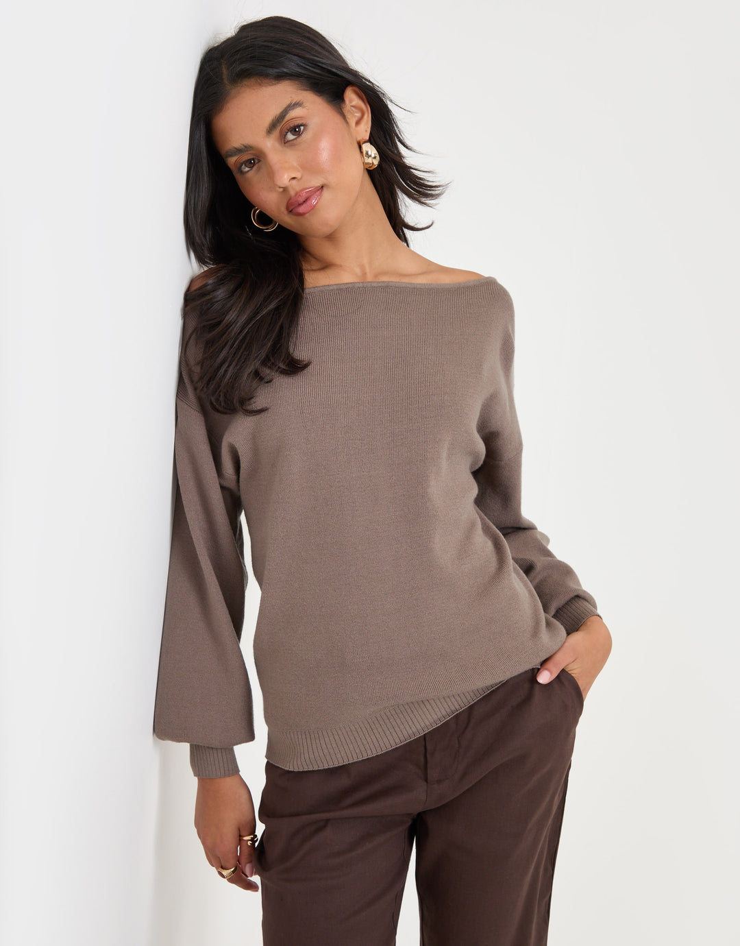 2 Pack Soft Slash Neck Jumpers in Black & Mocha