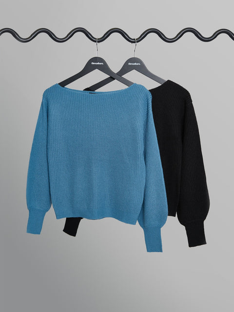 Threadbare 2 Pack Chunky Knit Slash Neck Jumpers in Black & Blue - 2-pack jumpers on hangers