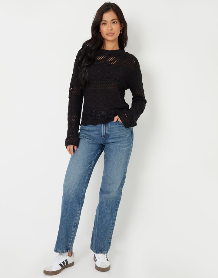 Black Long Sleeve Pointelle Crochet Knit Jumper