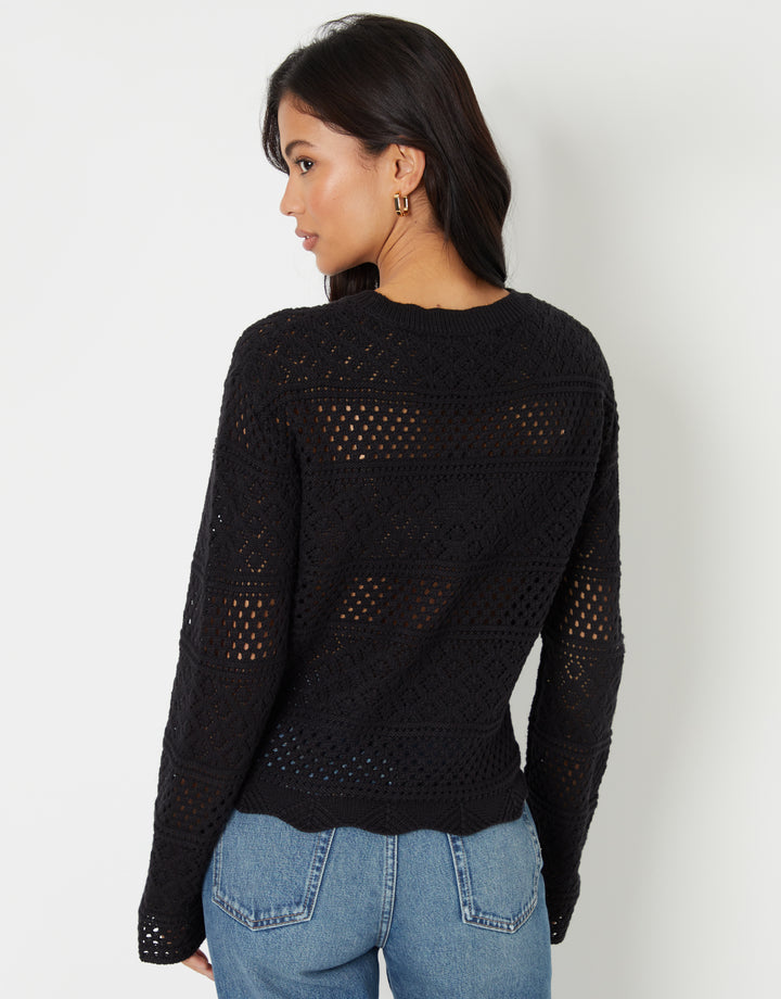 Black Long Sleeve Pointelle Crochet Knit Jumper