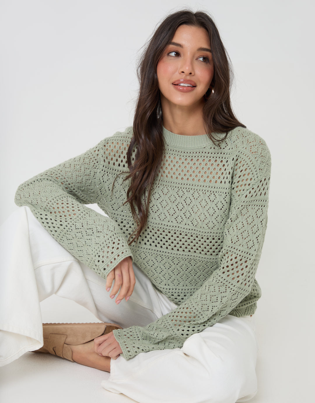 Threadbare Long Sleeve Pointelle Crochet Knit Jumper in Sage Green - seated