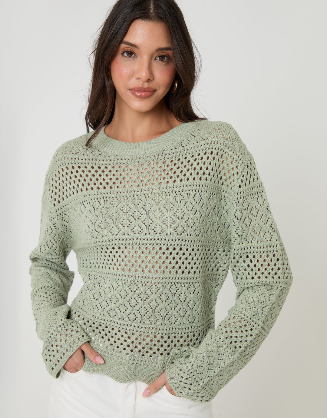 Threadbare Long Sleeve Pointelle Crochet Knit Jumper in Sage Green - front view
