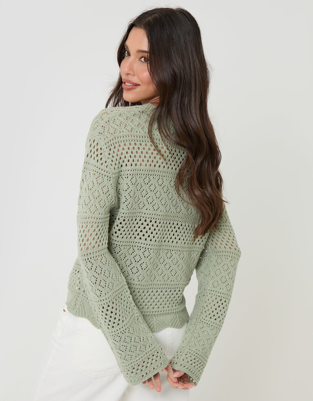 Threadbare Long Sleeve Pointelle Crochet Knit Jumper in Sage Green - back view