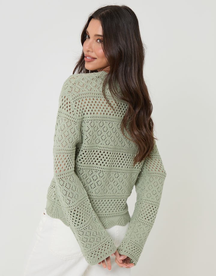 Threadbare Long Sleeve Pointelle Crochet Knit Jumper in Sage Green - back view