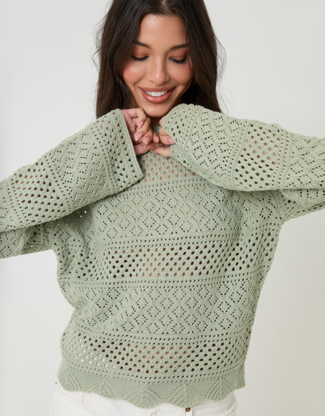Threadbare Long Sleeve Pointelle Crochet Knit Jumper in Sage Green - front view sleeves focus