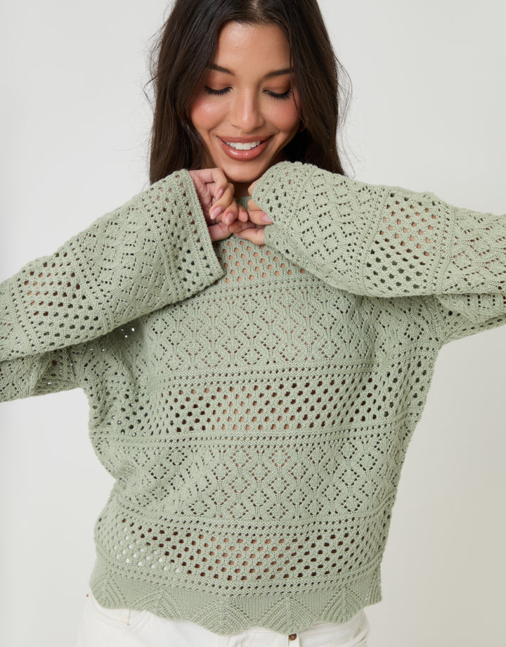 Threadbare Long Sleeve Pointelle Crochet Knit Jumper in Sage Green - front view sleeves focus