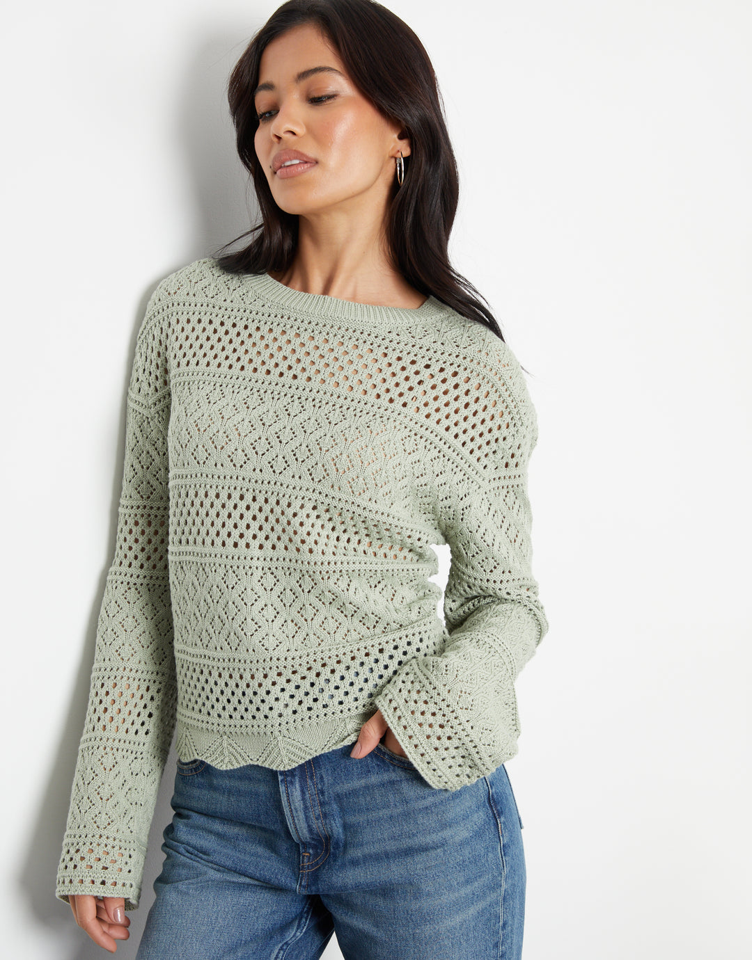 Sage Green Long Sleeve Pointelle Crochet Knit Jumper