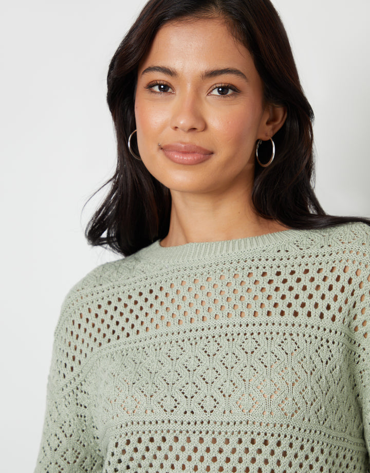 Sage Green Long Sleeve Pointelle Crochet Knit Jumper