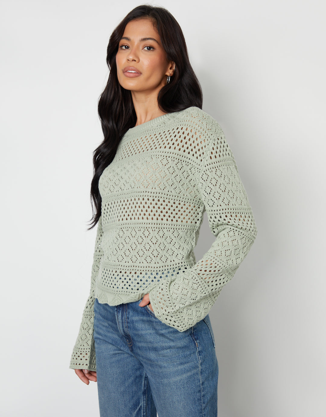 Sage Green Long Sleeve Pointelle Crochet Knit Jumper