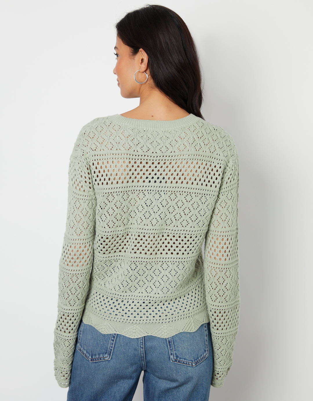 Sage Green Long Sleeve Pointelle Crochet Knit Jumper