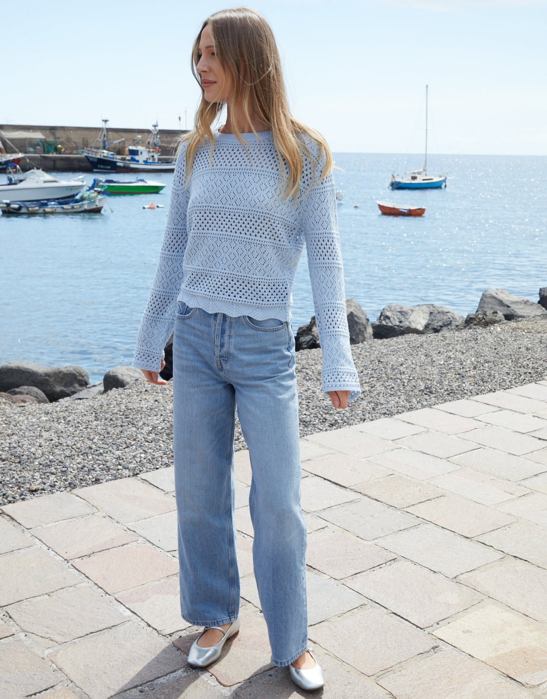 Blue Long Sleeve Pointelle Crochet Knit Jumper