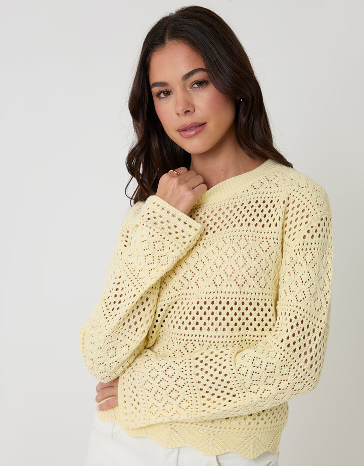 Lemon Yellow Long Sleeve Pointelle Crochet Knit Jumper