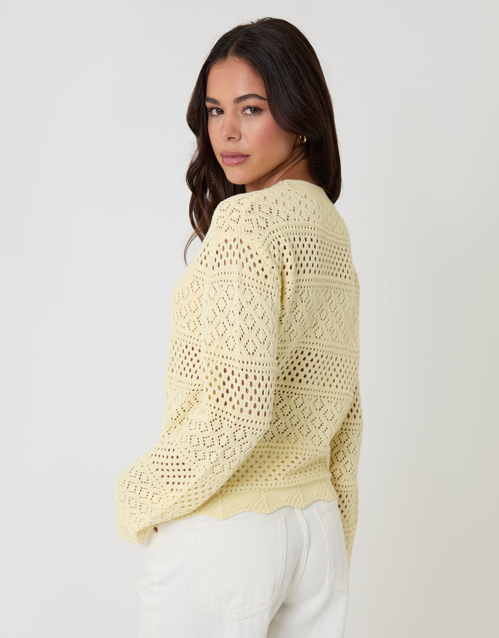 Lemon Yellow Long Sleeve Pointelle Crochet Knit Jumper
