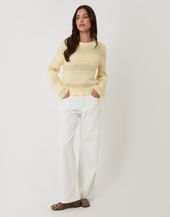 Lemon Yellow Long Sleeve Pointelle Crochet Knit Jumper