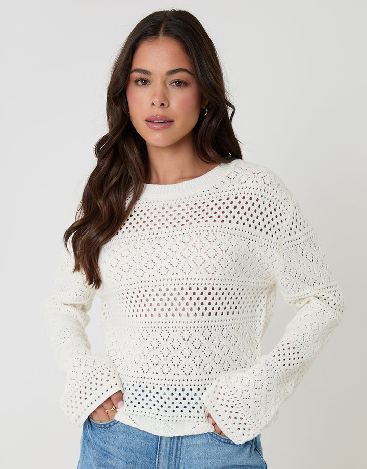 Cream Long Sleeve Pointelle Crochet Knit Jumper