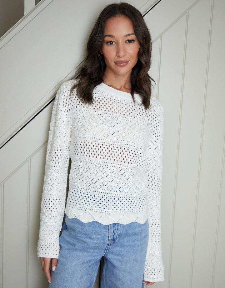 Cream Long Sleeve Pointelle Crochet Knit Jumper
