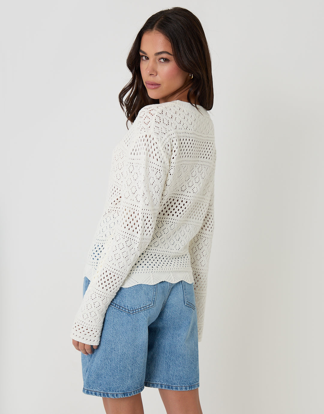 Cream Long Sleeve Pointelle Crochet Knit Jumper