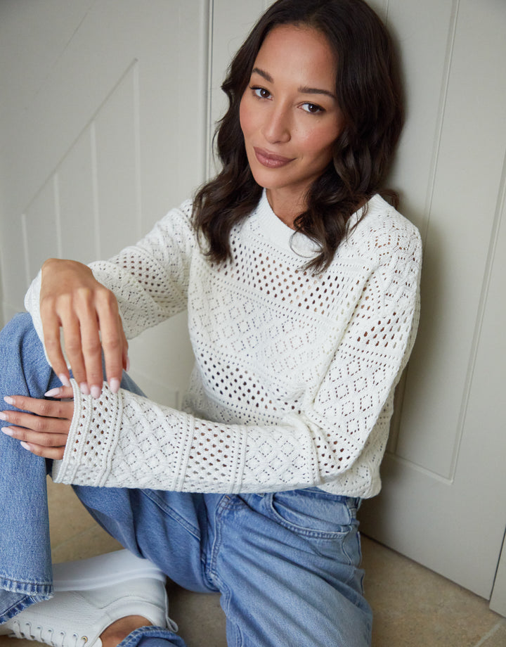 Cream Long Sleeve Pointelle Crochet Knit Jumper