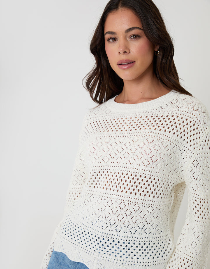 Cream Long Sleeve Pointelle Crochet Knit Jumper