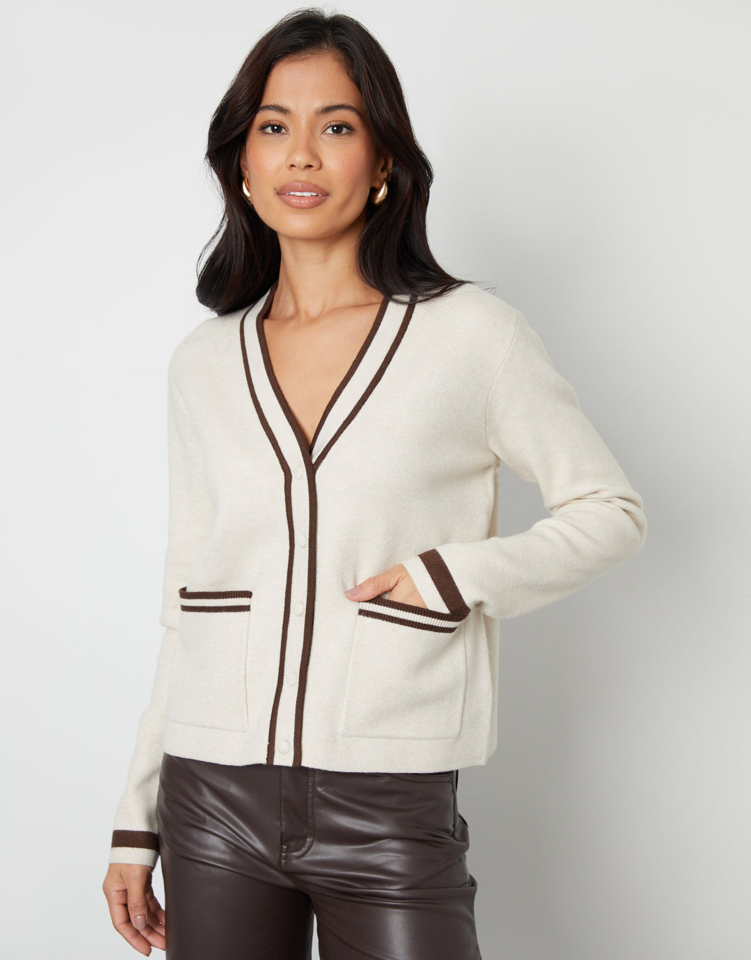 Stone Contrast Edge Knitted Cardigan