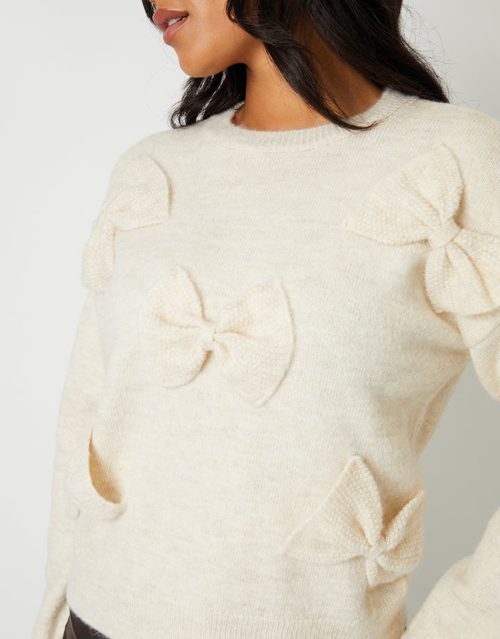 Bow Appliqué Knitted Jumper in Ecru