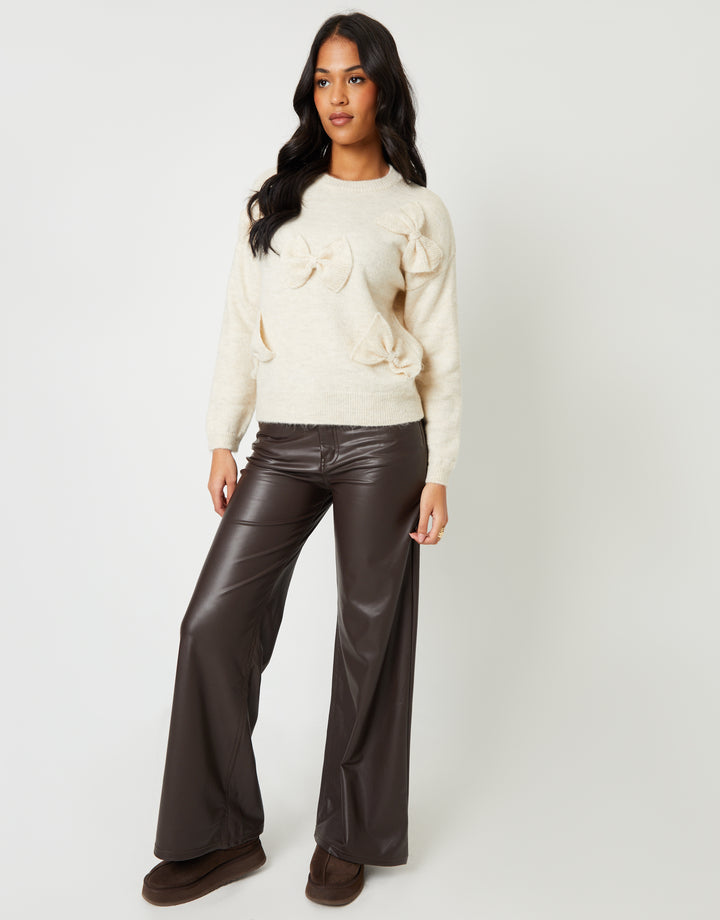 Bow Appliqué Knitted Jumper in Ecru