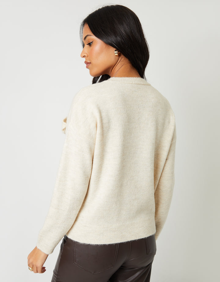 Bow Appliqué Knitted Jumper in Ecru