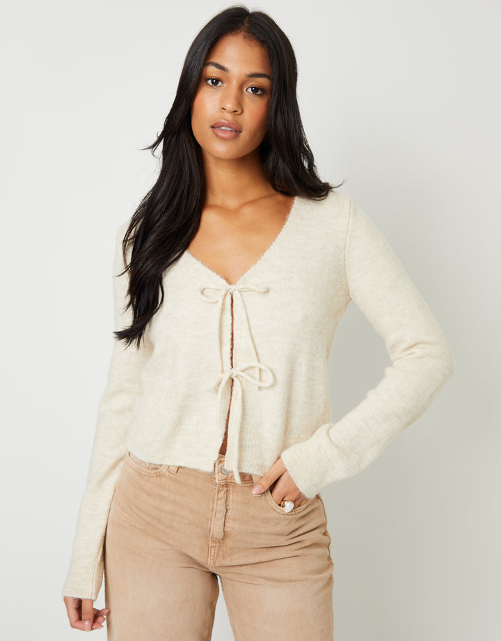 Cream Tie Front V Neck Knitted Cardigan