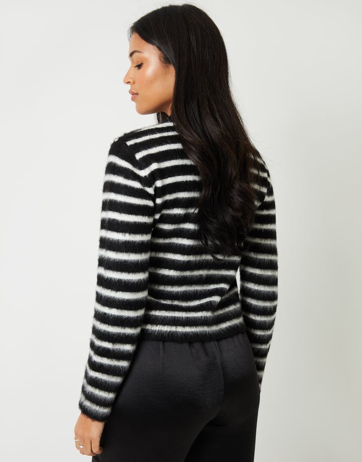 Black & White Stripe Brushed Knitted Jumper