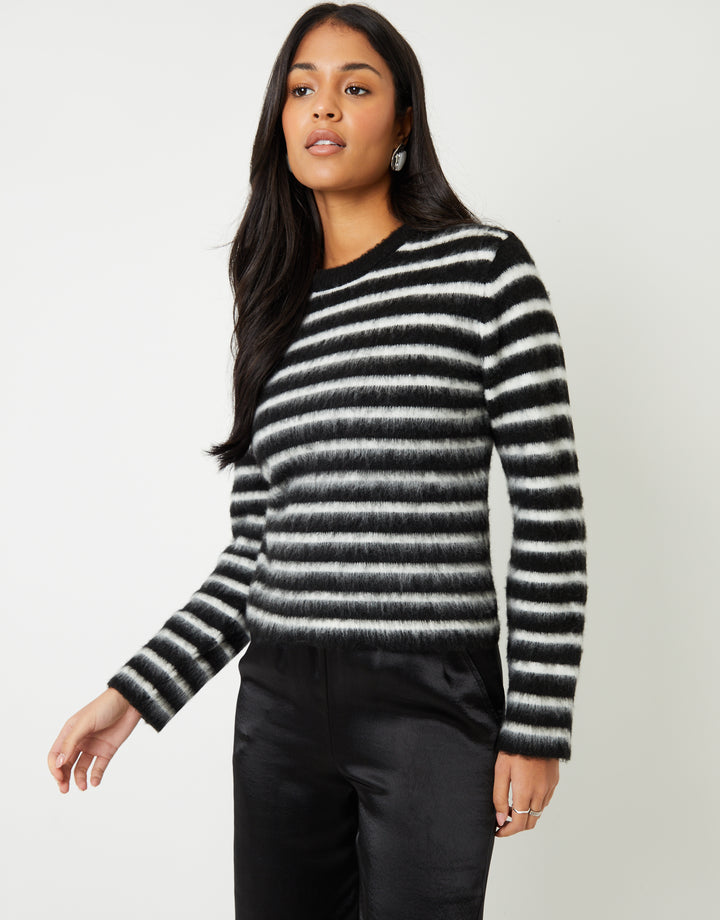 Black & White Stripe Brushed Knitted Jumper