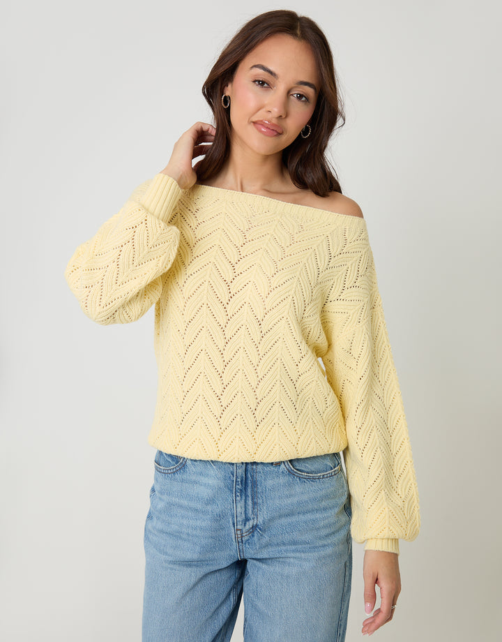 Lemon Yellow Pointelle Knit Slash Neck Jumper
