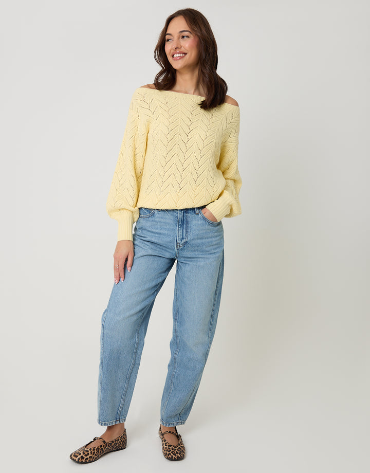 Lemon Yellow Pointelle Knit Slash Neck Jumper
