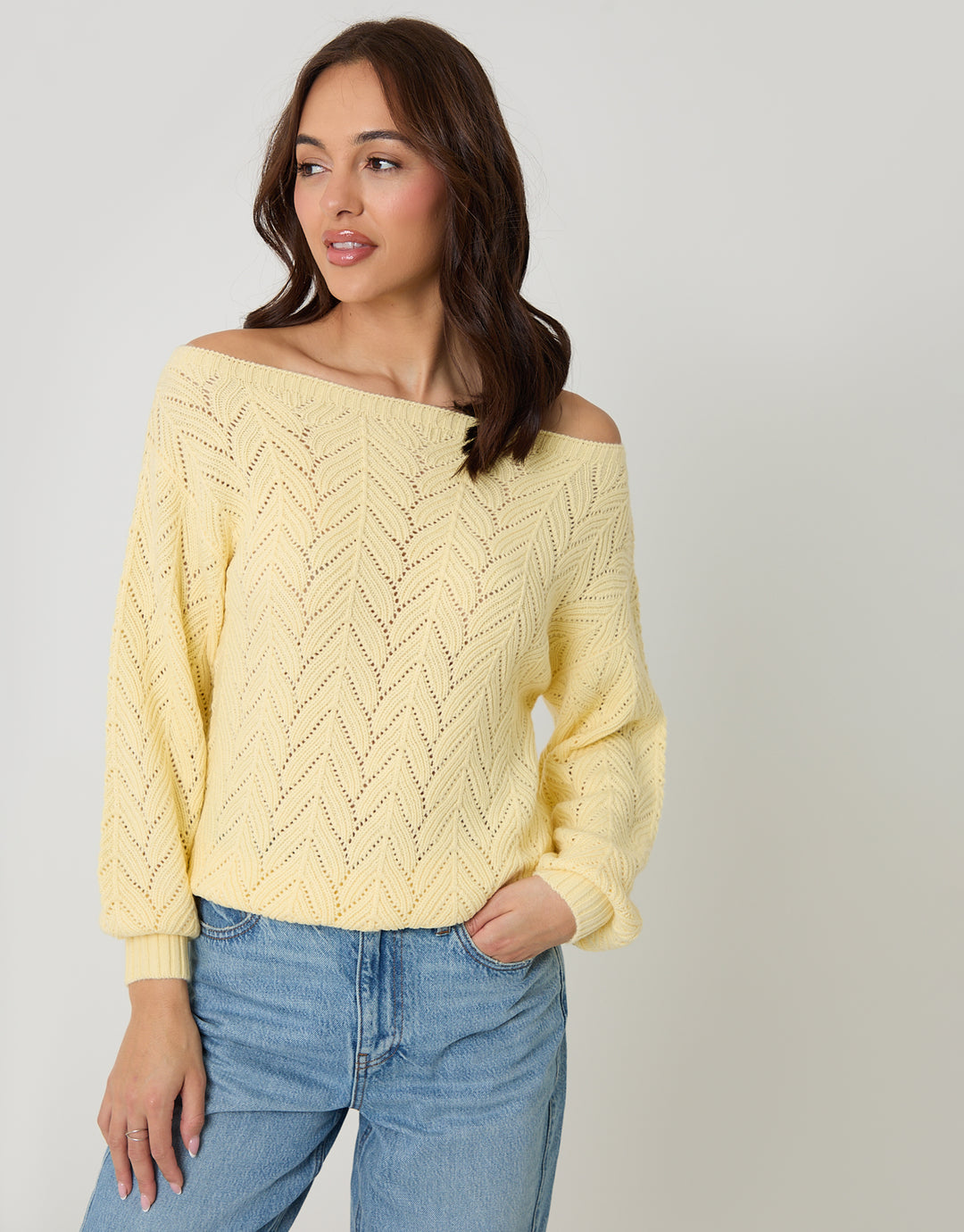 Lemon Yellow Pointelle Knit Slash Neck Jumper