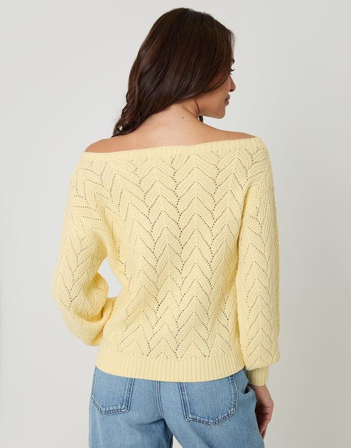 Lemon Yellow Pointelle Knit Slash Neck Jumper