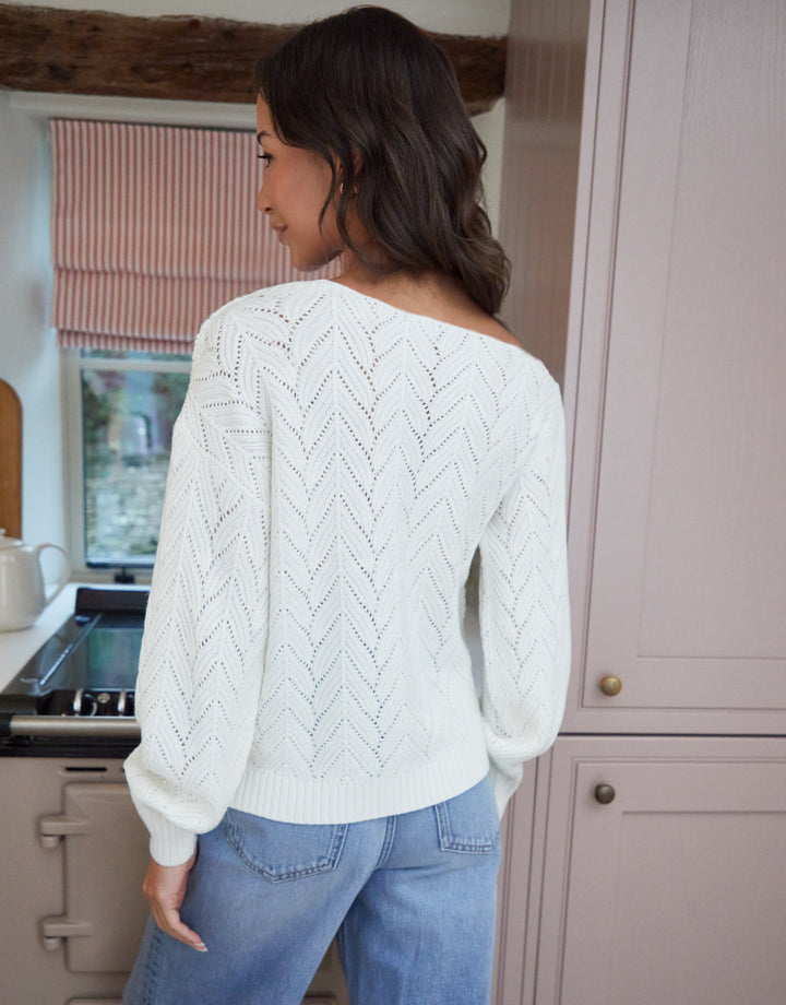 Cream Pointelle Knit Slash Neck Jumper