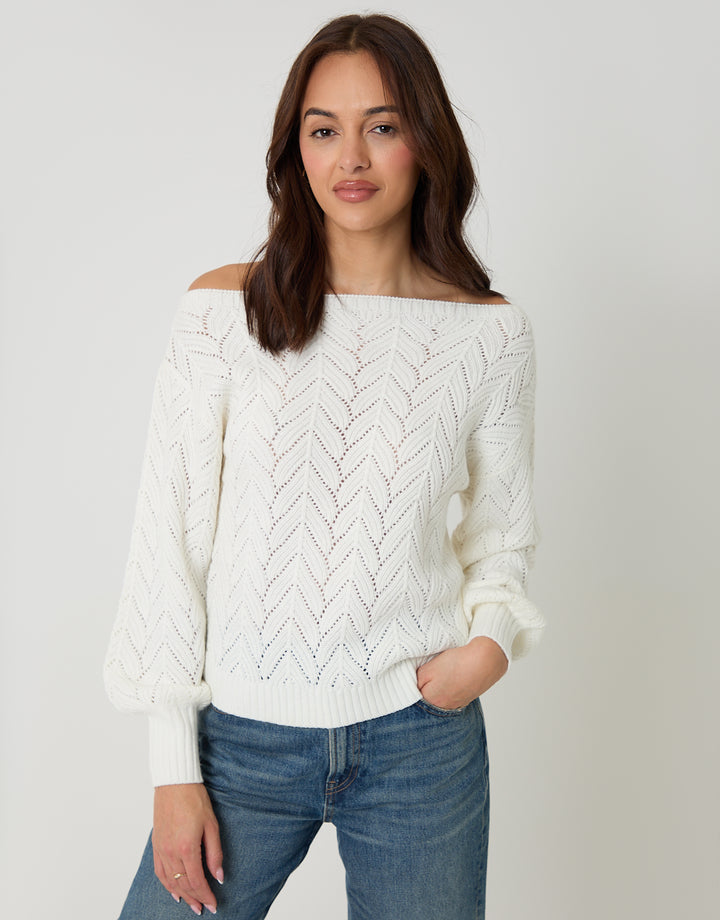 Cream Pointelle Knit Slash Neck Jumper