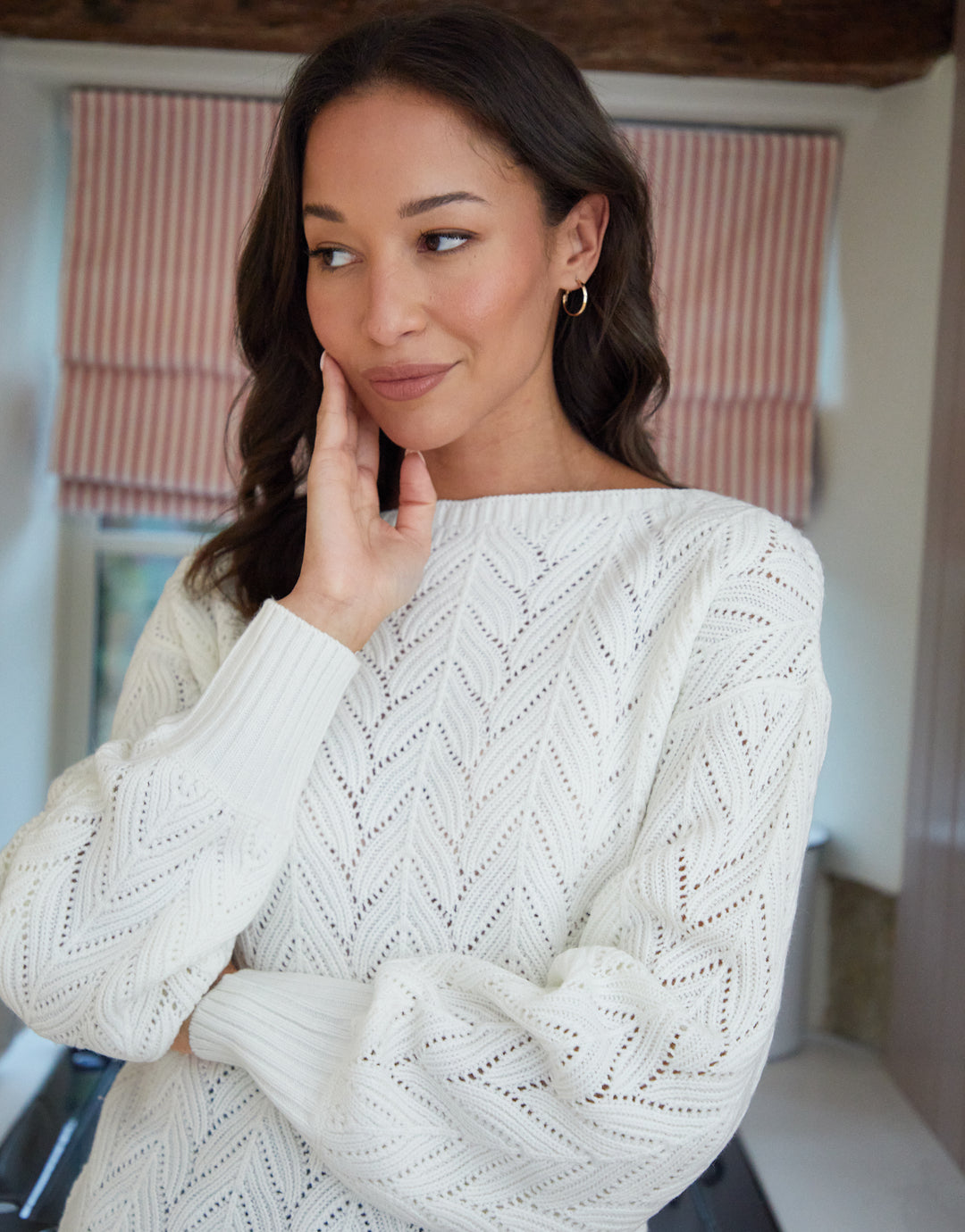 Cream Pointelle Knit Slash Neck Jumper