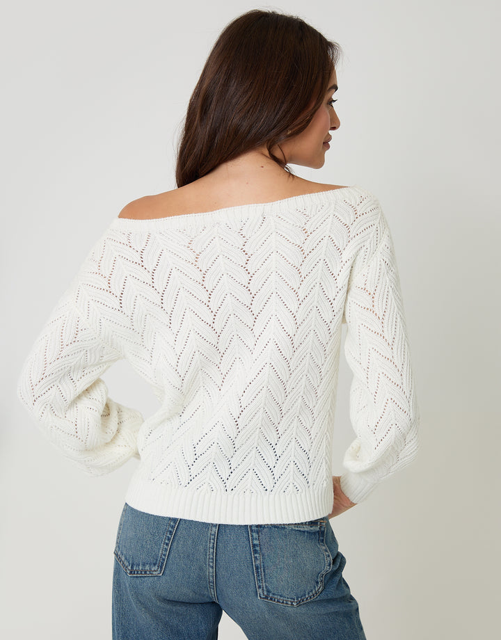 Cream Pointelle Knit Slash Neck Jumper