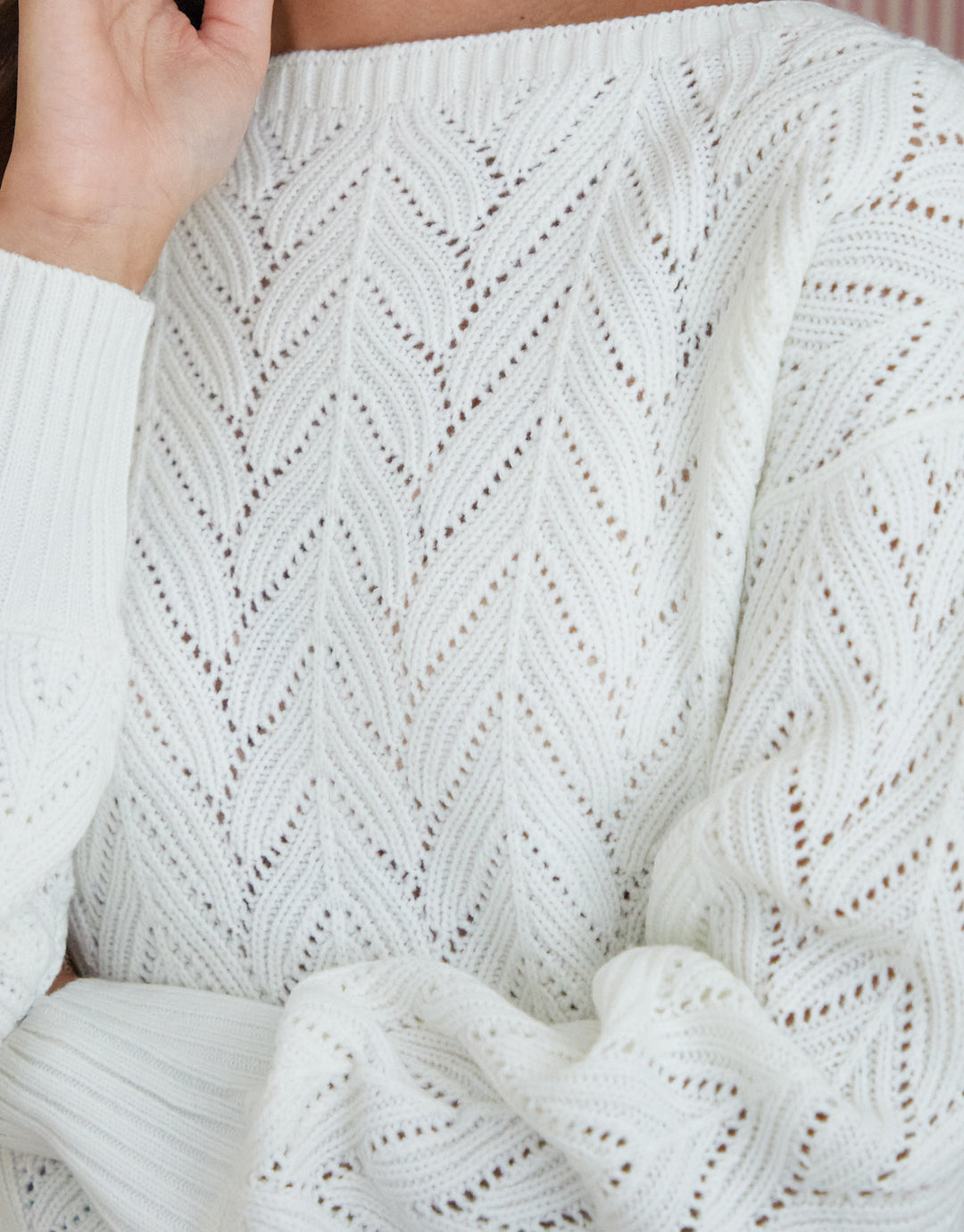 Cream Pointelle Knit Slash Neck Jumper