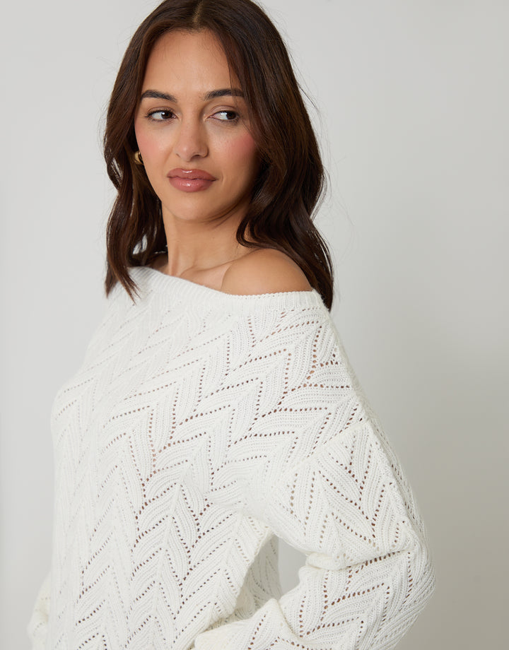 Cream Pointelle Knit Slash Neck Jumper