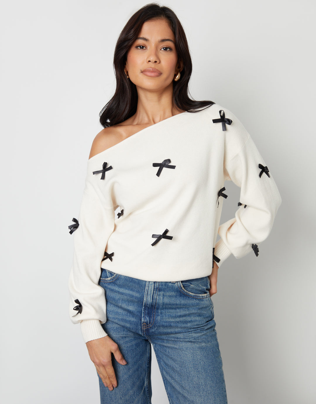 Cream Bow Embellished Slash Neck Jumper