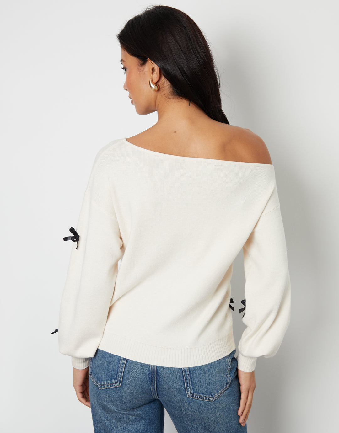 Ecru Bow Embellished Slash Neck Jumper