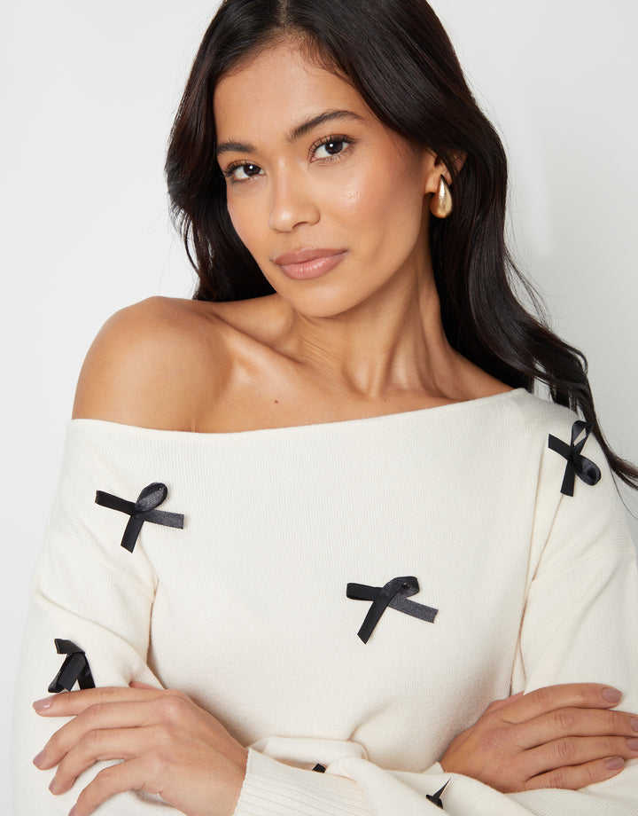 Ecru Bow Embellished Slash Neck Jumper
