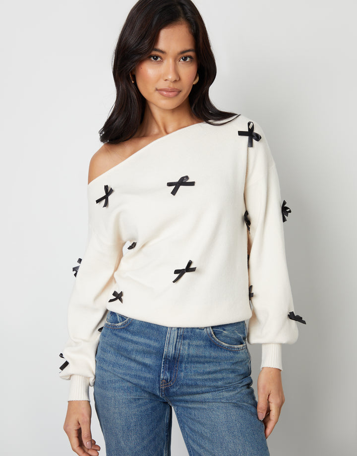 Cream Bow Embellished Slash Neck Jumper