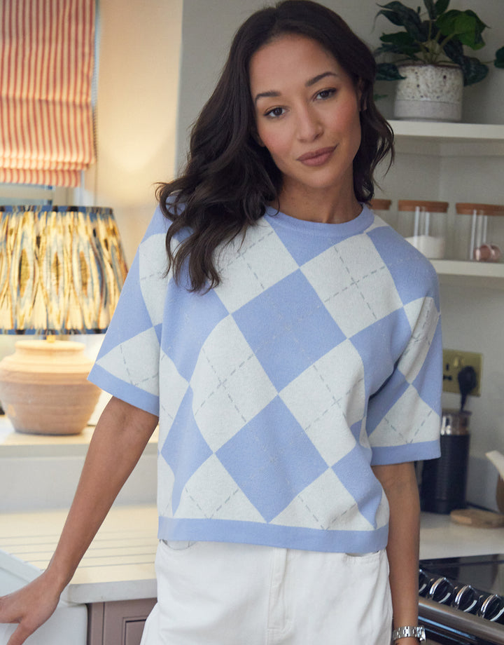 Blue Argyle Short Sleeve Knitted T-Shirt