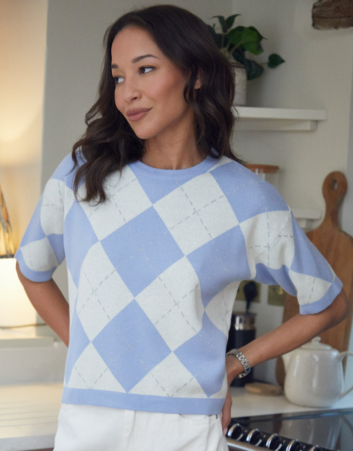 Blue Argyle Short Sleeve Knitted T-Shirt