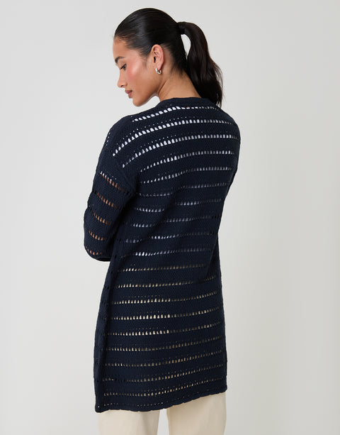 Threadbare Pointelle Knit Longline Cardigan in Navy - back view